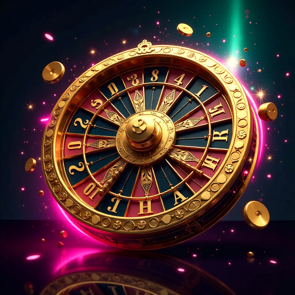 Dynamic 3D explosion of Crazy Time wheel segments, golden multipliers, and dice mixed with elegant Italian Renaissance gold patterns, vibrant pink and teal neon energy trails, dark charcoal reflective background, high-tech gambling art, high contrast, sha